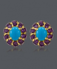 Simple studs with an elegant touch of sparkle. Earrings from CARLO VIANI® feature turquoise center stones (8 mm x 10 mm) surrounded by strips of round-cut amethyst (6-5/8 ct. t.w.). Set in 14k gold. Approximate diameter: 1/2 inch.