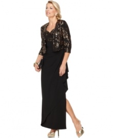 Alex Evenings gives this petite gown a Midas twist with golden sequin detail on the bust of the dress and the matching jacket. Finish the look with your favorite metallic heel.