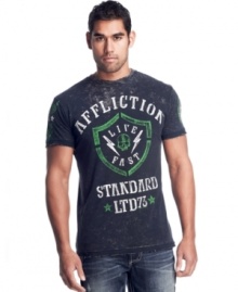 With a big, bold graphic, this reversible T shirt from Affliction is sure to be an eye-catcher all weekend long.