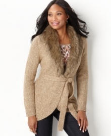 Sparkle and shine in this cozy cardigan from Charter Club! A faux fur shawl collar is a sumptuous detail you'll love.