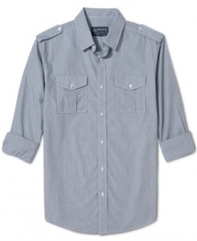 A mini-stripe pattern gives this military-style shirt from American Rag its four-star style.