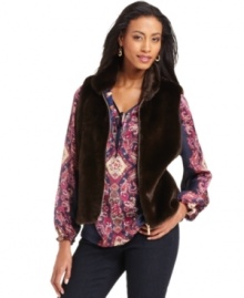 Charter Club offers two luxe looks in one great vest. Wear the faux fur side to add a cozy touch to separates, or introduce a pop of color with the chic printed side!