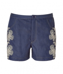 Chic denim shorts in fine, blue lyocell blend - Board short style in a supremely soft, flattering fabric - Floral embroidery at sides - Two pockets - Button closure and zip fly - Slim cut, shorts hit mid-thigh - Great for leisure or your next beach getaway - Pair with a billowy tunic top and sandals, or wear with a loose button down and platform wedges