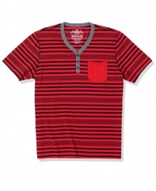 Red hot. You'll stand out with this half-button v-neck shirt, with a bold striped pattern, from American Rag.