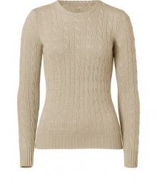 Luxe basics anchor any modern wardrobe, and Ralph Laurens sand-hued pullover proves an elegant indispensable - Sumptuously soft cashmere cable knit - Fitted, feminine cut tapers through waist - Long sleeves and classic crew neck - Ribbed trim at cuffs and hem - Versatile and polished, seamlessly goes from work to weekend - Pair with everything from pencil skirts and suit trousers to skinny denim and leather pants