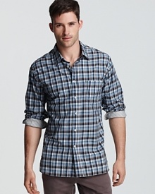 Designer details like a secret striped-trim pocket inside the left chest pocket make this handsome checked button-down a go-to favorite.