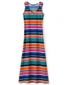 A sleeveless maxi dress makes your summer look pop with bold stripes in various widths, printed horizontally from shoulder to hem.