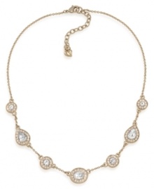 Carolee creates a shimmering illusion with this stunning necklace. Glass stones set in gold tone teardrop pendants are placed on a chain crafted of gold tone mixed metal. Approximate length: 16 inches + 2-inch extender.