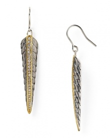 Feather jewelry is trending. So make the bohemian-inspired look yours with this pair of sterling silver and yellow gold plated earrings from Elizabeth and James, accented by white sapphires.