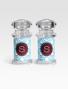 A set of transparent shakers boast curvy, modern lines to season every dish with individualized style. Salt & pepper not included Each: 5H X 2¼ diam. ImportedFOR PERSONALIZATION Select a quantity, then scroll down and click on PERSONALIZE & ADD TO BAG to choose and preview your monogramming options. Please allow 2 weeks for delivery.