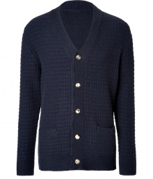 Work an exquisitely luxurious edge into your contemporary knitwear collection with Marc Jacobs navy textural knit cardigan - V-neckline, long sleeves, front slit pockets, contrast knit trim - Modern slim, straight fit - Pair with everything from jeans and tees to chic button-downs and slick lace-ups