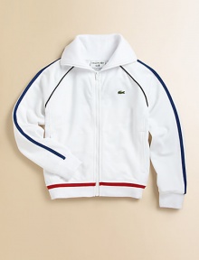 He'll be at the top of his game in this zip-front track jacket with slash pockets and sporty stripes for cool athletic style.Stand collarLong sleevesFull-zip frontSlash pocketsRibbed cuffs and hemFully linedPolyesterMachine washImported