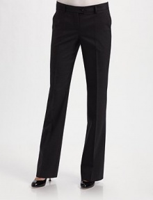 A sharply tailored style in a lightweight wool blend, with a beautiful drape and clean straight leg.Front tab button and zip closure with interior button tab Belt loops Flat front Side slash pockets Back seams Back button welt pocket Inseam, about 35 97% virgin wool/3% other fibers Dry clean Made in Italy