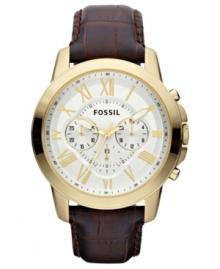 A classically styled Grant collection watch from Fossil with golden touches that perfectly complement the rich leather strap.