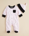 A lovely rosette pattern brings out the sweetness in Offspring's cozy coverall and matching hat set.