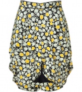 With a feminine silhouette and a flirty print, this tulip skirt from Anna Sui brings spring-ready style to your day or evening ensemble - Defined waist, tulip style, draped front, asymmetrical hem, concealed back zip closure, all-over print - Pair with a tie-neck blouse, sheer stockings, and peep-toe platforms