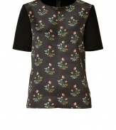 Modern-vintage looks get a finish of immaculate tailoring in Derek Lams floral print top, styled with a black back and sleeves for a chic minimalist twist - Rounded neckline, short sleeves, hidden back zip, tailored fit - Pair with the matching skirt and sleek ankle boots