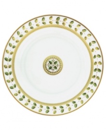 For any elegant holiday affair the Bernardaud Constance Dinnerware Collection makes for timeless presentation of your seasonal fare. Ornate design inspired by the Empire Period with gold outlined acorn and oak leaves that symbolize strength and longevity. A dash a sage rims each piece behind a golden laurel vine while touches of red with gold trim further complement the pattern. A dramatic addition to any holiday table, also can be used as a display piece.