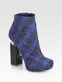 A square lucite heel lifts this modern silhouette of tweed-print cotton in rich hues. Lucite heel, 4½ (115mm)Hidden platform, 1 (25mm)Compares to a 3½ heel (90mm)Crepe cotton upperSide zipLeather lining and solePadded insoleMade in Italy