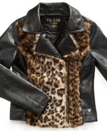 Motorcycle chic with a bold leopard print. She'll make a fierce first impression with this faux-leather jacket from Guess.