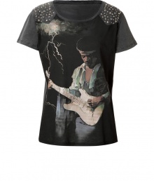 Rock into the new season with Faith Connexions embellished Jimi Hendrix tee - Scoop neckline, short sleeves, embellished shoulders, printed front with metallic gold detailing, frayed edges - Loosely fitted - Wear with leather leggings and edgy ankle boots