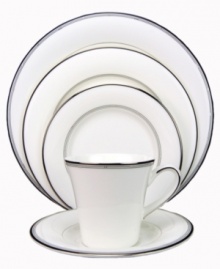 Clean and simple with classic accents, the Silver Sonnet 5-piece place settings boast universal appeal. Beaded bands of black and platinum stand out on bright white bone china for sophisticated formal affairs. A sleek, flared teacup sounds a contemporary note.