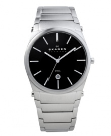 Sophisticated design and reliable performance. Classic watch by Skagen Denmark crafted of stainless steel three-link bracelet and round case. Black dial features silver tone stick indices, date window at six o'clock, three hands and logo. Quartz movement. Water resistant to 30 meters. Limited lifetime warranty.