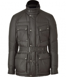 With edgy biker styling, this belted down jacket from Belstaff elevates any ensemble while keeping you warm - Stand collar with buckle detail, concealed front zipper placket with snaps, quilted shoulders, flap pockets, belted waist, slim fit - Pair with jeans and a tee and motorcycle boots or with slim trousers and trainers