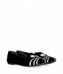 Work a sartorial edge into your fashion-forward footwear collection with Marc by Marc Jacobs cheeky cat slipper-style loafers - Round toe, velvet upper, white leather cat detailed overlay, quilted lining - Flat, comfortable rubber sole - Wear with a pullover and jeans, or opaque tights and a cocktail frock