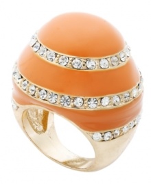 You can never go wrong by adding a bright pop of color. Bar III's egg-shaped ring features bright orange enamel accented by rows of sparkling crystals. Set in gold-plated mixed metal. Size 7.