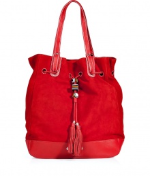 Inject sophisticated style to your daytime look with this versatile suede bag from Juicy Couture -Bucket style, drawstring with charm and tassel detail, leather carrying handles and bottom, back welt pocket - Style with your favorite everyday basics