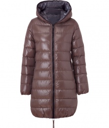 A sleek outer shell and elegant contrast trim lend this Duvetica down jacket its sporty and stylish edge - In a lighter weight, wind- and water-resistant taupe polyamide - Slim cut fits close to the body for extra warmth and tapers through waist - Full zip, grey fabric-lined hood and oversize diagonal zippered pockets at sides - Perfect for cold weather casual looks including jeans, cords, chinos and ski pants