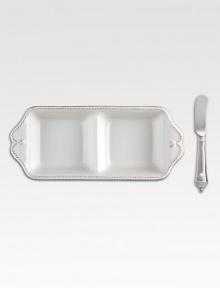 Juliska's signature thread and berry motif lends an elegant touch to this two-sectioned server and coordinating stainless steel spreader.Comes in a gift-boxed setStoneware ceramicDishwasher safe10.5 X 4.5 X 2Imported