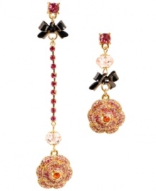 Mismatching lengths never looked so good. Betsey Johnson's antique gold tone mismatch earrings feature roses with ombre pave crystal accents, pink faceted beads, pink-colored crystal cup chain accents, hematite-plated bows, and crystal accents. Approximate drop: 1-3/4 inches and 3-1/2 inches.