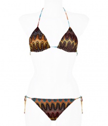 Inject urban attitude into your poolside look with Missonis dark-multi leaf patterned string bikini, detailed with a brightly printed reverse for that iconic Missoni look - Multicolored halter and back self-tie string straps, multicolored photo-print reverse - Self-tie side strings on bottom - Comes with a matching drawstring pouch - Wear with colorful sandals and oversized beach totes