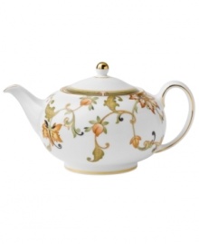 The exotic floral design of the Oberon dinnerware and dishes pattern by Wedgwood is exquisitely precise in soft shades of green and gold accented with black, against white bone china.