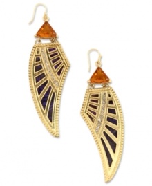 Take flight. RACHEL Rachel Roy brings you under its wing with this set of drop earrings. Crafted from gold-tone mixed metal and featuring gold accents and dyed abalone, this set makes for the perfect style lift. Approximate drop: 3-1/8 inches. Approximate diameter: 1-1/8 inches.