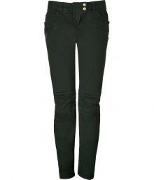 Rock n roll style goes ultra-luxe with these of-the-moment bottle green skinny jeans from Balmain - Snap tab closure, belt loops, zippered side and back slit pockets, seaming detail at knees - Skinny fit, biker-style - Wear with an oversized top, a cropped blazer, and platform heels