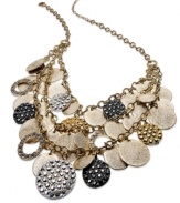 Bold and beautiful. Alfani's two-row statement necklace is crafted from gold-tone mixed metal with silver- and hematite-tones added as well. Glass crystal accents add a bit of luster. Approximate length: 22 inches + 3-inch extender. Approximate drop: 7 inches.