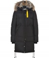 Whether youre hitting the city or the slopes this season, Parajumperss black down coat is a sporty-luxe cold-weather essential - Water- and wind-resistant outer has an elegant, light sheen - Slim cut, quilted style hits above the knee - Full zip and snap closure - Raccoon-trimmed hood features a rabbit lining - Drawstring ties at hem, two oversize diagonal pockets at hips - Fashionable and functional, a stylish must for all casual winter looks