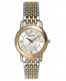 Timeless style that brightens every look, by Bulova. This watch features a goldtone & silvertone stainless steel bracelet and round case. Goldtone bezel. Textured silvertone dial with goldtone stick indices and logo. Quartz movement. Water resistant to 30 meters. Three-year warranty.