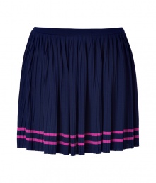 Channel schoolgirl chic in this flattering pleated skirt from Juicy Couture - Thin waistband, all-over pleating, contrasting pink stripe at hem - Pair with Mary Jane platforms, a button up blouse, and a blazer