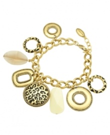 Live the charmed life with this exquisite design from T Tahari's Spot On collection. Crafted in 14k gold-plated mixed metal, this bracelet features a variety of golden charms and Colorado crystals perfectly placed on an antique gold tone cable chain. Nickel-free for sensitive skin. Approximate length: 7-1/2 inches + 3-inch extender.