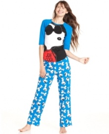 Lounge around with everyone's favorite dog. Briefly Stated's Snoopy 3/4 sleeve knit top is baseball-style and features a bold snoopy graphic on the front. The full-length pants are extra comfy with an elastic waistband and drawstring closure.