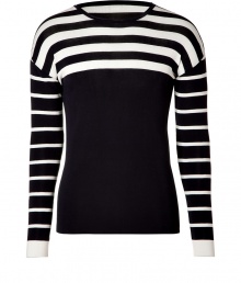 Work an optical edge into you contemporary knitwear collection with Jil Sanders black and cream striped pullover - Round neckline, contrast striped long sleeves, dropped shoulders, solid cuffs - Slim fit - Wear with a button-down, slim cut trousers and leather Chelsea boots