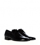 The derby goes sleek with this glossy black version of the classic dress shoe from Burberry London- Rounded toe, lace up front, glossy calf leather, chunky low heel - Style with sleek trousers, dark denim, or modern corduroys