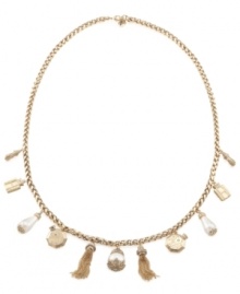 Simply charming. Carolee's trendy and tasteful long necklace is adorned by glass pearls and tassel charms. Set in antique gold-plated mixed metal. Approximate length: 34 inches. Approximate drop: 1-1/4 inches.