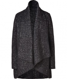 Work an edge of effortless sophistication into you look with Donna Karans exquisitely chic marled knit coat, perfect for layering both indoors and out - Draped shawl collar, long sleeves, side slit pockets, black trim - Oversized draped fit - Layer over everything from button-downs and tailored trousers to tissue soft tops and luxe leather leggings