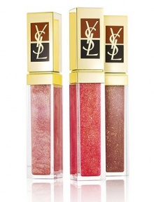 Dress your lips in sophisticated, high-shine shimmer with Yves Saint Laurent Golden Gloss, featuring sparkling 24-carat gold flecks (0.2%). With a complex of nourishing oils to protect and hydrate your lips and a fresh mango scent, these glosses are instant gratification for lips offering glamour and care together. Contains: Golden Gloss No. 2, 3, 10 