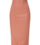 Luxurious pencil skirt in a coral wool blend - A  signature sexy piece from the collection of  LWren Scott, a real highlight - Classic pencil cut with the new, high waistband - The hem ends below the knee - new length - A figure knockout, never have you ever worn a skirt that molds such curves and simultaneously makes you look so totally slim - Perfect even for very tall women - In the office with a blazer and blouse, for evening with a tunic and sandals